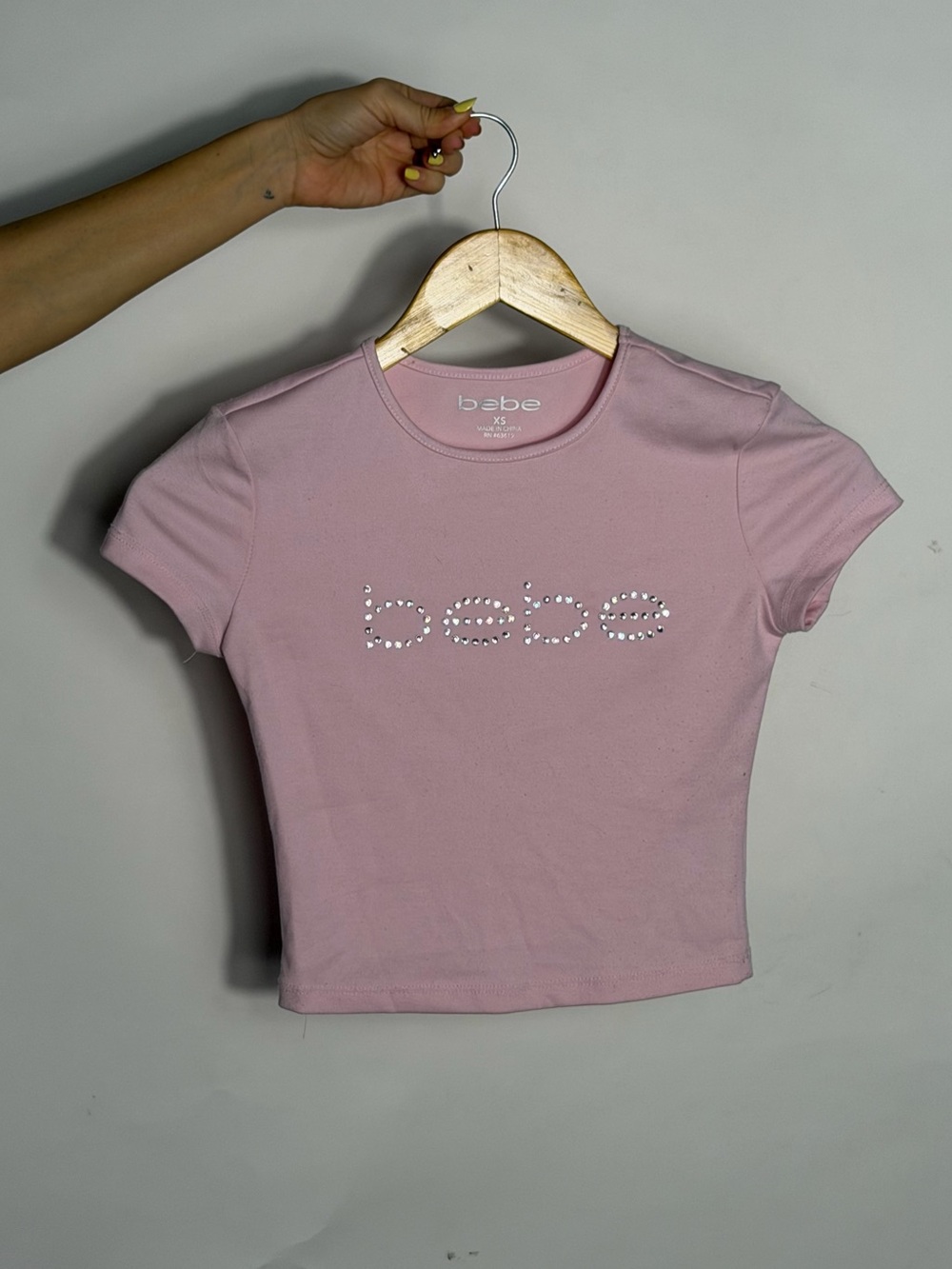 bebe Dusty Pink Crystal Logo Short Sleeve Tee